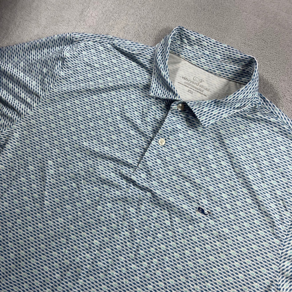 Vineyard Vines Performance Polo Shirt XXL Blue White Fish Print Mens
